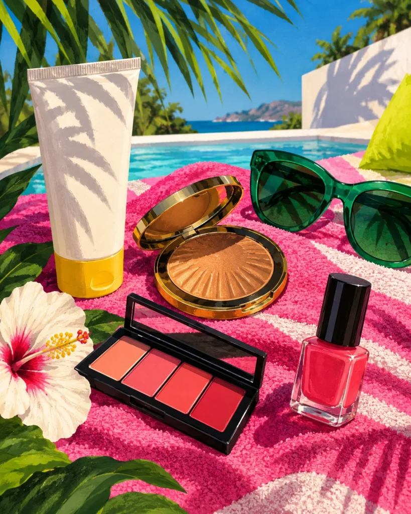 Editorial illustration of summer sunscreen, bronzer, lip colors and nail polish beside a pool.