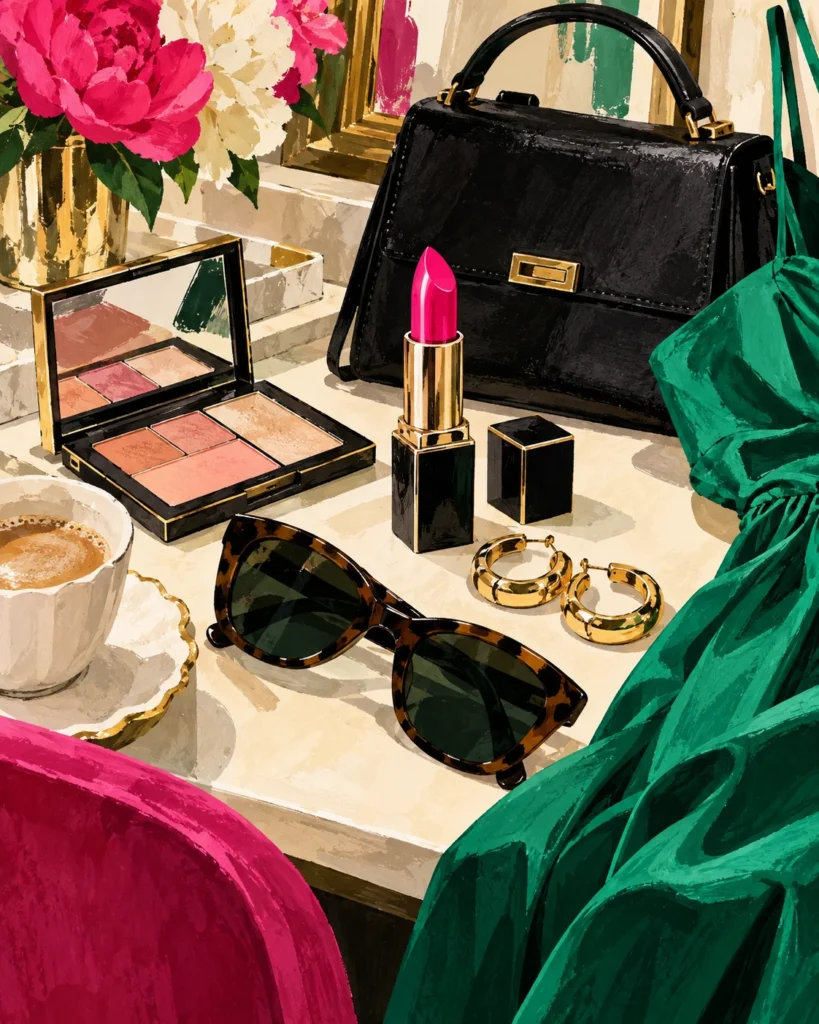 Editorial illustration of bright lipstick, a makeup palette, sunglasses, gold hoops and a black handbag.
