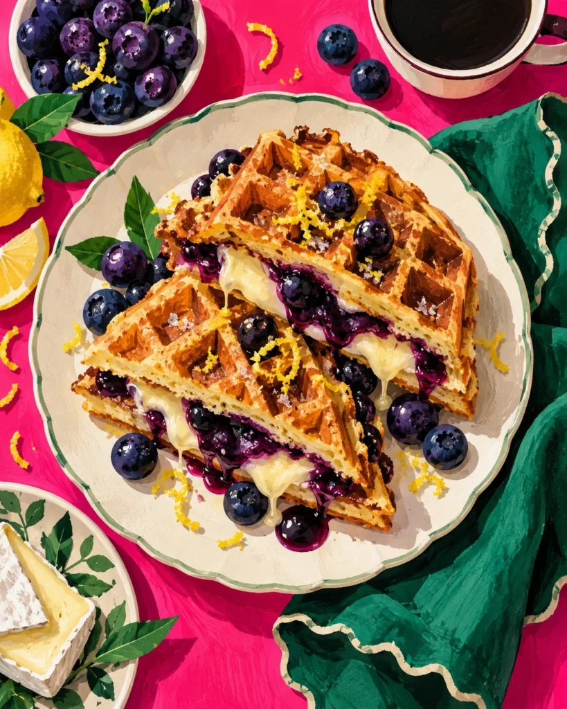 Editorial illustration of golden blueberry and brie waffle melts on a pink breakfast table.