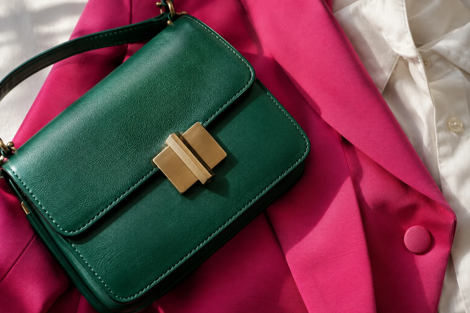 Close view of an emerald bag on a pink blazer with an ivory shirt.