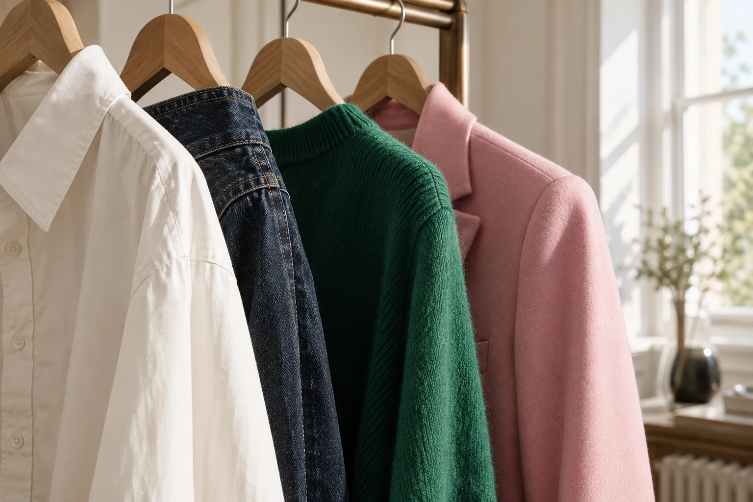 Ivory, denim, emerald and pink garments on wooden hangers.