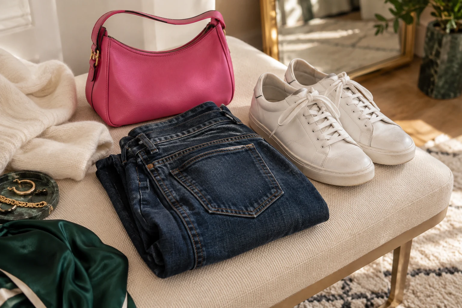 Dark denim, white sneakers and a small pink bag.