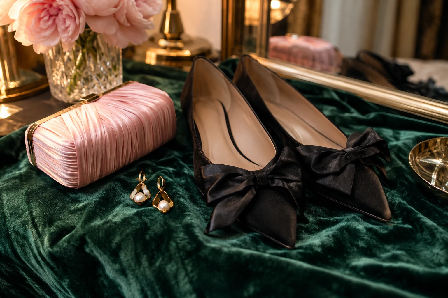 Black evening flats, a pink clutch and gold earrings on emerald fabric.