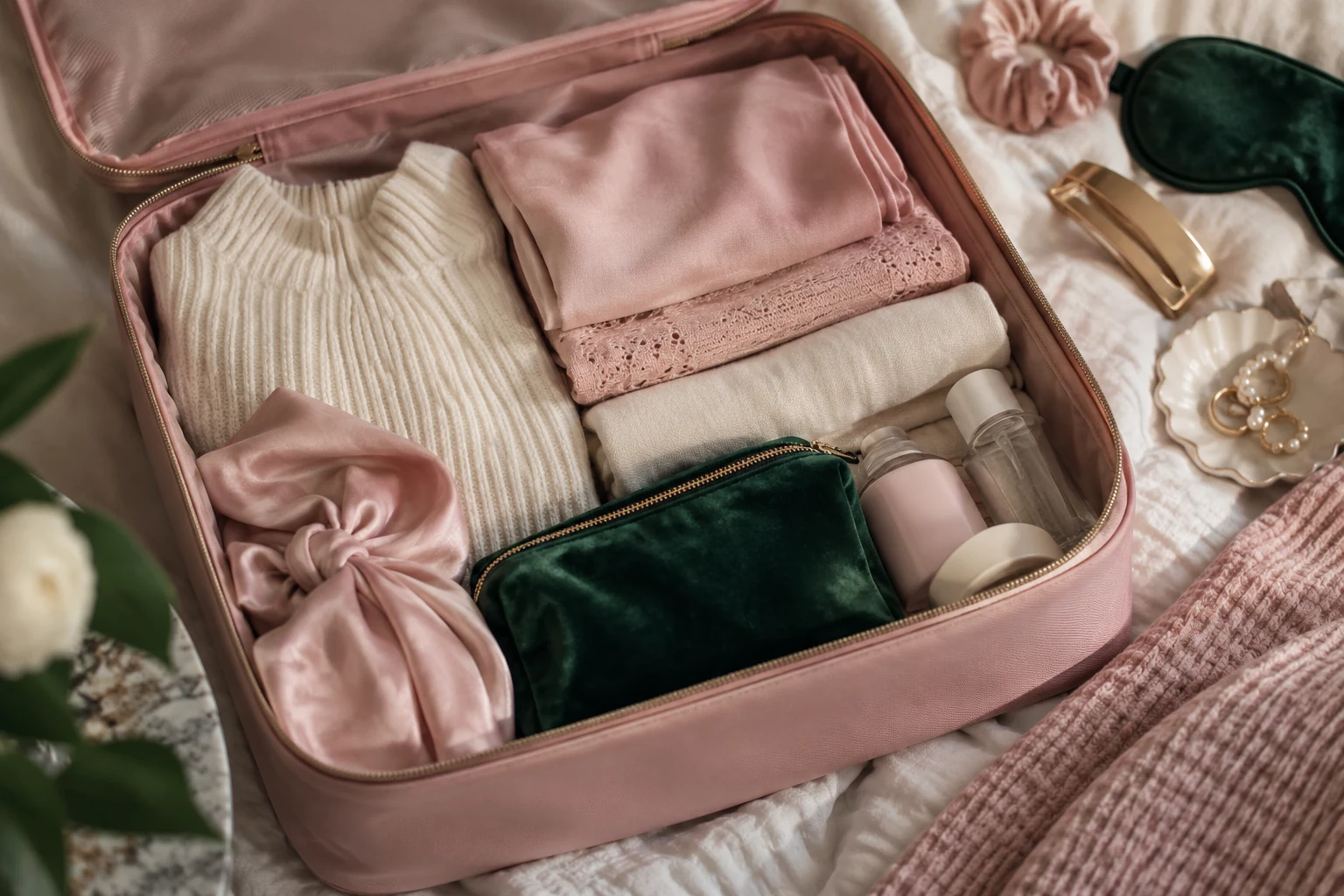 Folded clothes and small travel containers organized in packing cubes.