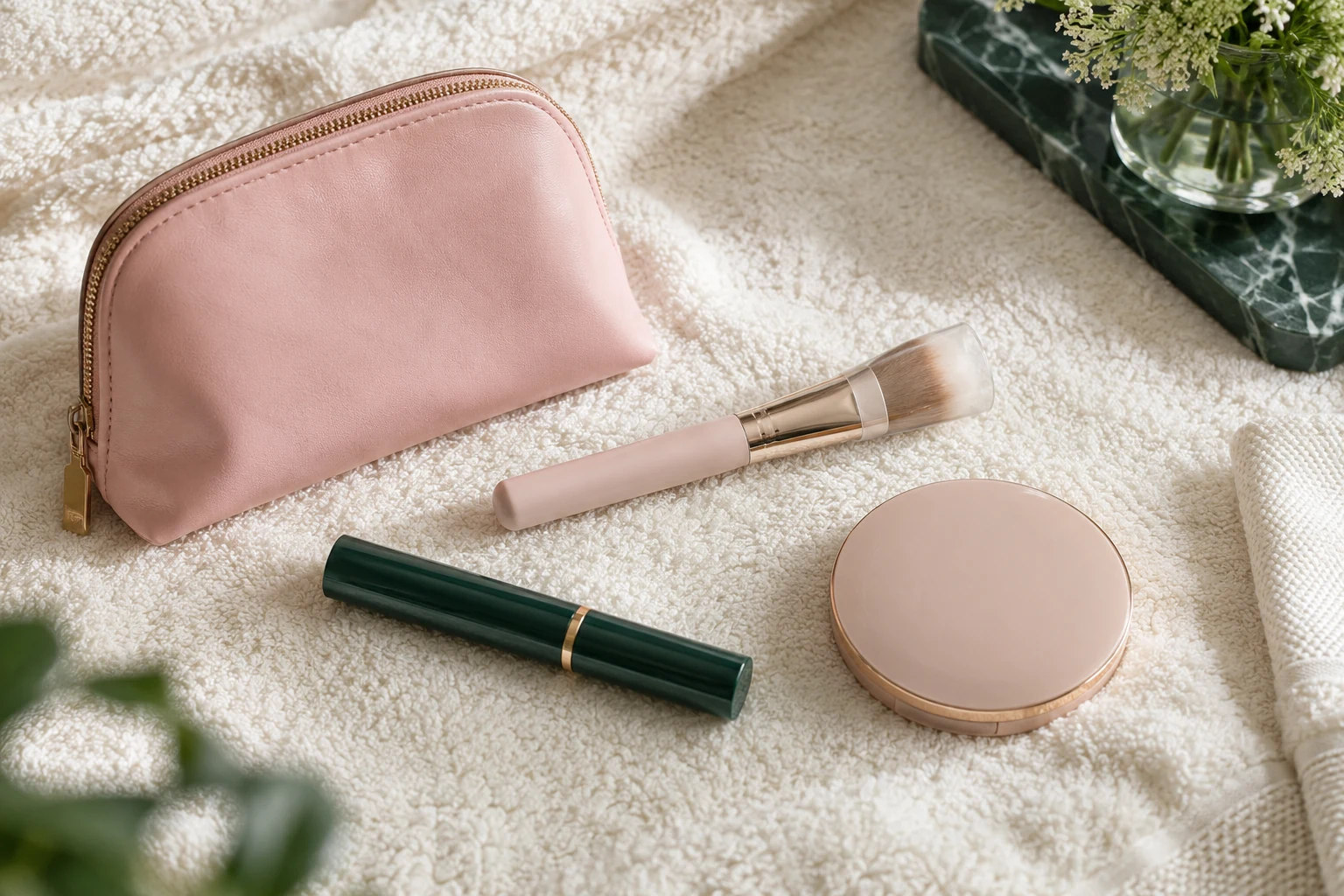 Pink makeup pouch with a capped brush, mascara and compact.