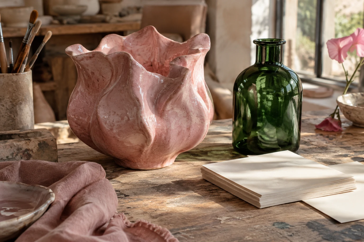 Pink ceramic vessel and emerald glass bottle on a maker’s table.