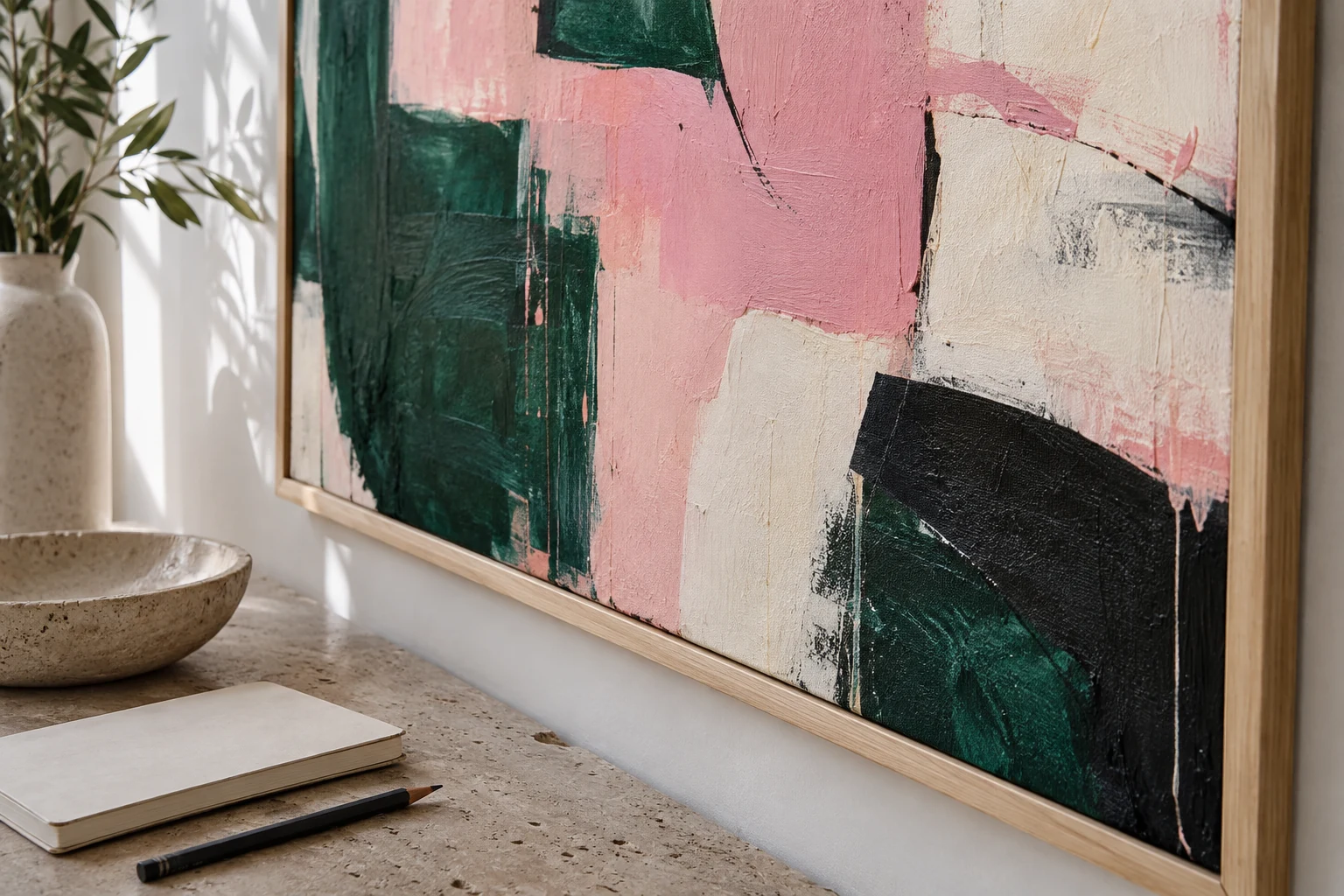 Close view of a pink, emerald and ivory abstract painting with a sketchbook.