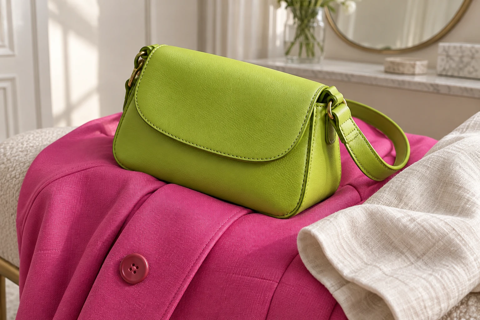 Lime-green leather bag with pink fabric and an ivory garment.