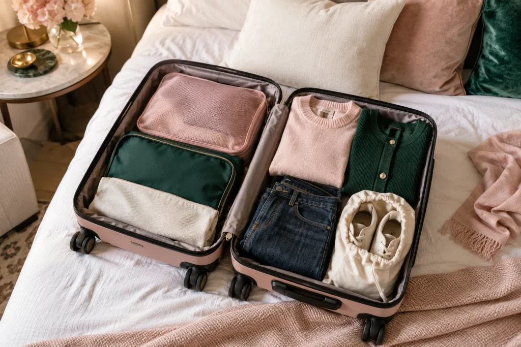 A carry-on suitcase packed with coordinating clothes.